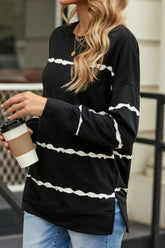 Slit Contrast Striped Round Neck Long Sleeve T-Shirt OutfitFlow